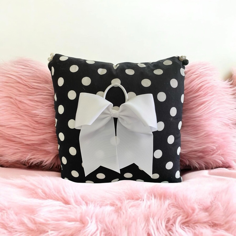 Kids Polka Dot Pillow with Bow - Black and White